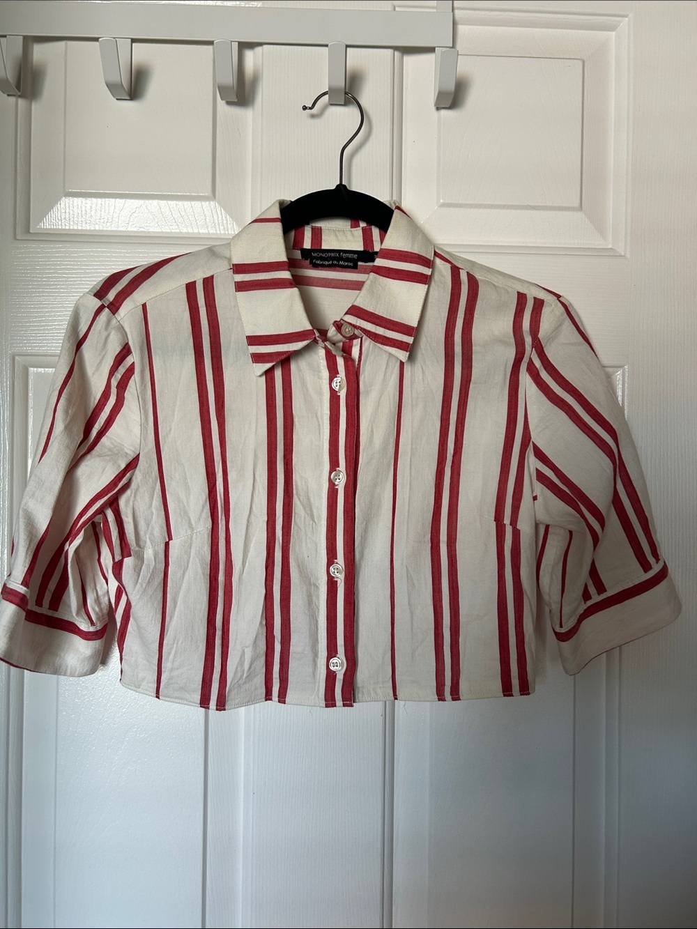 Monoprix White Crop Button-Down Shirt with Red Stripes